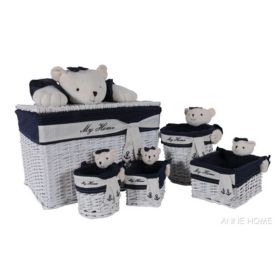 Anne Home - Set of 5 Rectangular Willow Storage Baskets with Children's Bear Detail in Several Sizes