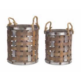 Pail with Rope Handle (Set of 2) 15.5"H, 18"H Wood/Metal