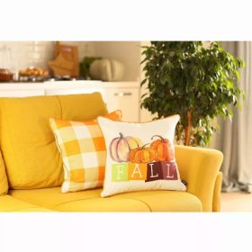 Set of 2 18"  Fall Season Pumpkin Gingham Throw Pillow Cover in Multicolor