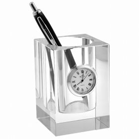 4" Hand Crafted Crystal Pen or Pencil Holder with Clock (Pack of 1)