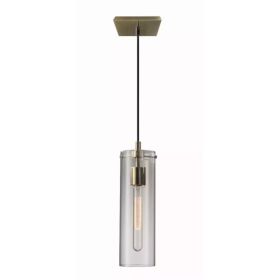 Clear Glass Cylinder Shade with Vintage Filament Bulb Antique Brass Metal Pendant (Pack of 1)