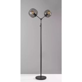 Matte Black Metal Floor Lamp with Two Smoked Glass Globe Shades and Vintage Edison Bulbs (Pack of 1)