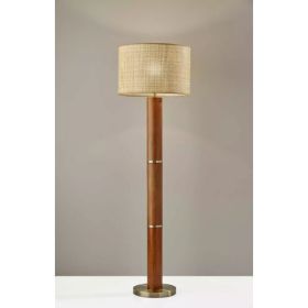Walnut Wood Finish Floor Lamp Cylindrical Base with Antique Brass Accents and Woven Rattan Shade (Pack of 1)