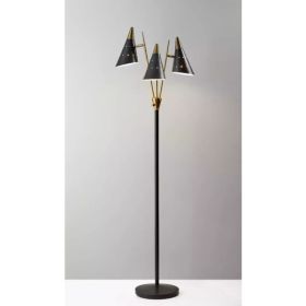 Black Metal Floor Lamp with Three Adjustable Antique Brass Accented Cone Shades (Pack of 1)