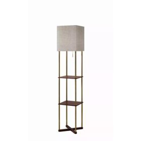 Floor Lamp with Antique Brass Poles and Walnut Wood Finish Storage Shelves with Two USB Ports (Pack of 1)