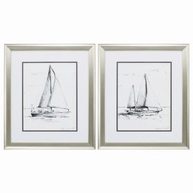 19" X 22" Aged Silver Frame Coastal Boat Sketch (Set of 2)
