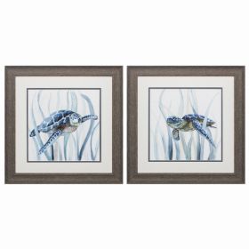 19" X 19" Distressed Wood Toned Frame Turtle In Grass (Set of 2)