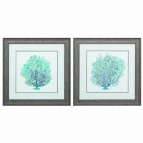 19" X 19" Distressed Wood Toned Frame Teal Coral On White (Set of 2)