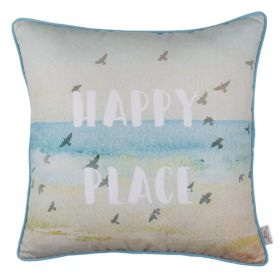 Square Happy Place Beach Quote decorative Throw Pillow Cover (Pack of 1)