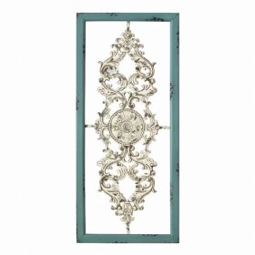 Distressed White and Turquoise Framed Scroll Metal Panel (Pack of 1)