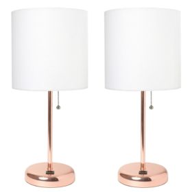 LimeLights Rose Gold Stick Lamp with USB charging port and Fabric Shade 2 Pack Set (Pack of 2)