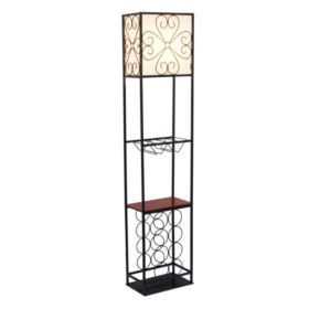 Elegant Designs Etagere Organizer Wood Accented Storage Shelf and Wine Rack with Linen Shade Floor Lamp (Pack of 1)
