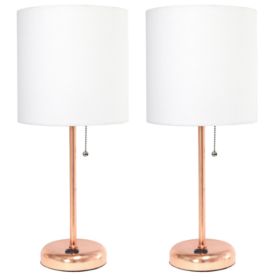 LimeLights Rose Gold Stick Lamp with Charging Outlet and Fabric Shade (Set of 2)