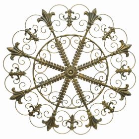 Plutus Brands Round Scroll Wall Decor With Fleur De Lis in Gold Metal (Pack of 1)