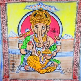 Ganesha Holding Lotus Flower In Pastels With Tassels Tapestry with Red Border (Pack of 1)