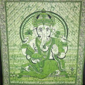 Green Ganesha Holding Lotus Flower In Batik Style Tie Dye Tapestry (Pack of 1)
