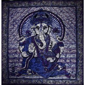Blue Ganesha Holding Lotus Flower in Batik Style Tie Dye Tapestry (Pack of 1)
