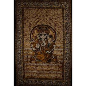 Saffron Ganesha Holding Lotus Flower In Batik Style Tie Dye Tapestry (Pack of 1)