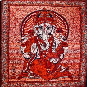 Red Ganesha Holding Lotus Flower In Batik Style Tie Dye Tapestry (Pack of 1)