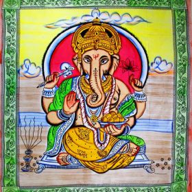 Ganesha Holding Lotus Flower In Pastels With Tassels Tapestry with Green Border (Pack of 1)